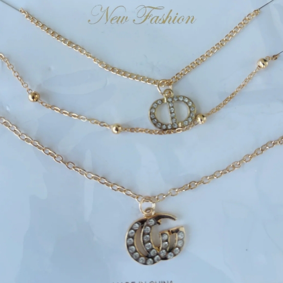 Gold Triple Layer Necklace with Crystal Accents - Picture 3 of 3